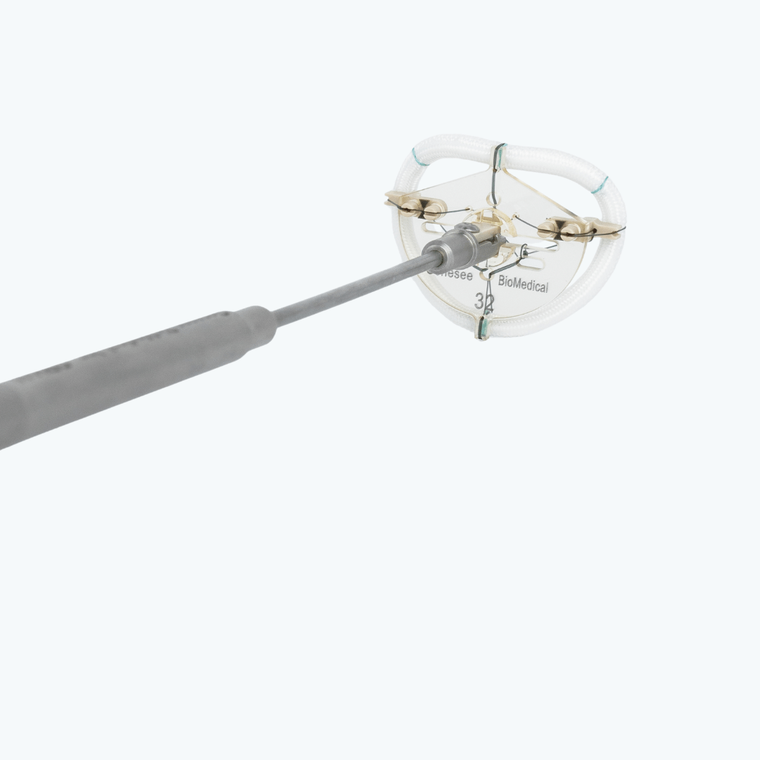Close-up of the Genesee BioMedical TransForm McCarthy annuloplasty ring for mitral valve repair.
