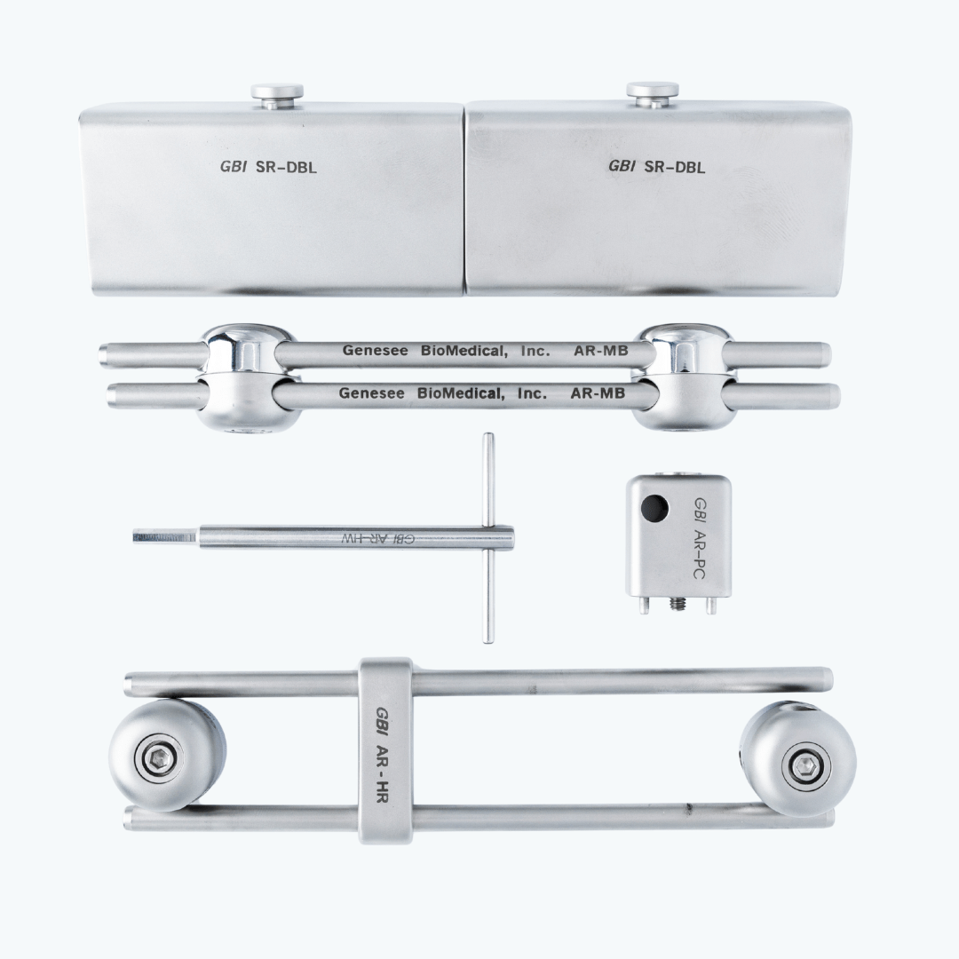Genesee Biomedical retractor system components including cog handles, clamps, and mounting accessories