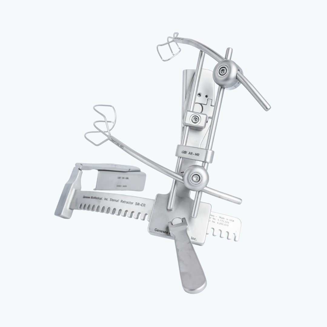 Genesee BioMedical adult curved cardiac surgery retractor providing stable exposure during valve repair procedures.