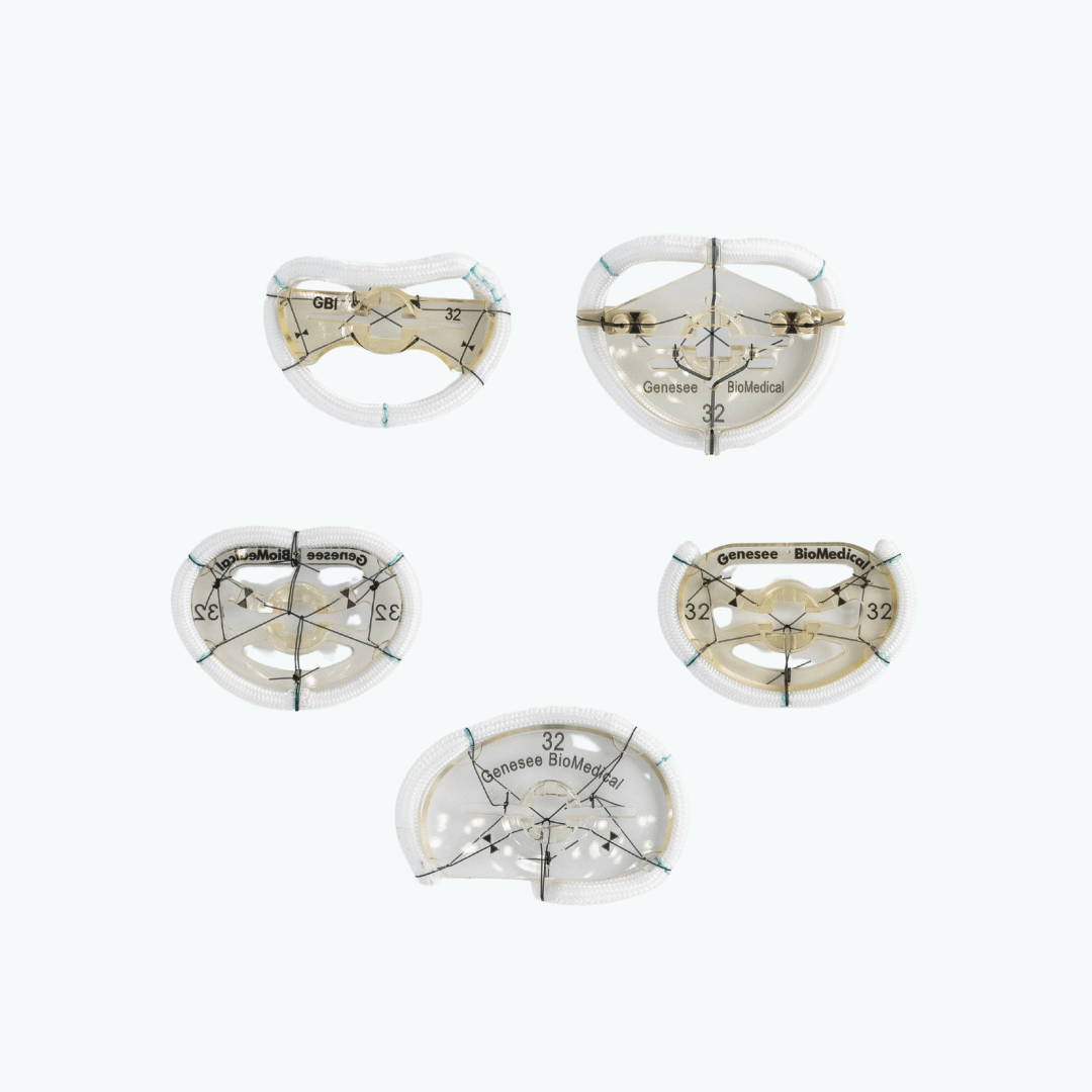 Annuloplasty rings and bands from Genesee BioMedical, designed for mitral valve and tricuspid valve repair with durable silicone and stainless steel construction.