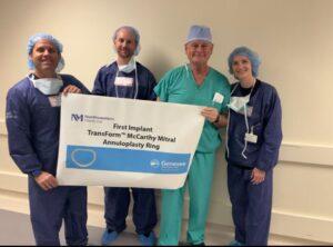 Dr. Patrick McCarthy with Genesee BioMedical CEO Matt Dambeck in scrubs, marking the first implant of the TransForm McCarthy Mitral Annuloplasty Ring at Northwestern Memorial Hospital.