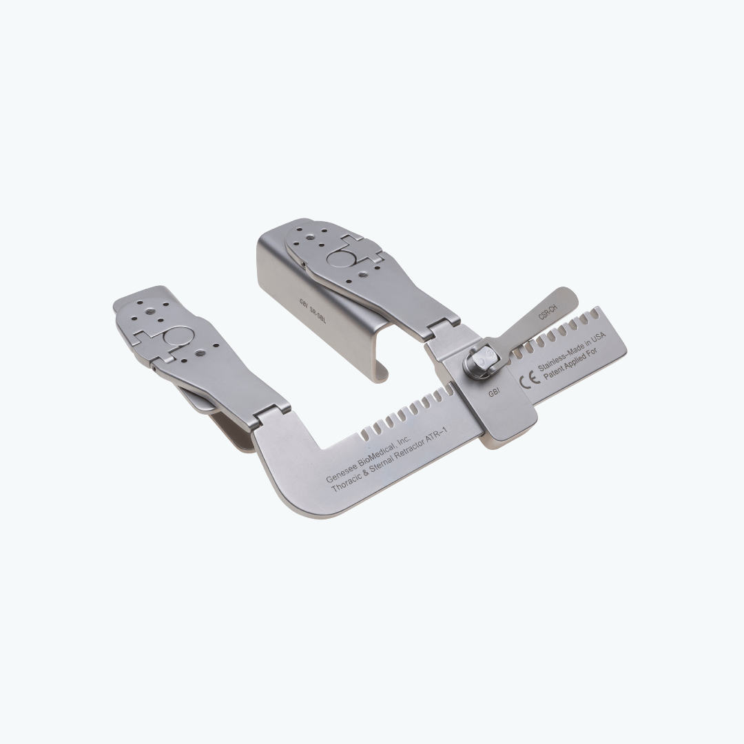 Close-up of the Genesee BioMedical AVATR Aortic Valve Access Thoracic Retractor for cardiac surgery."